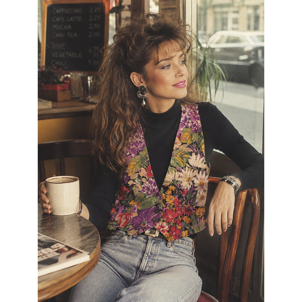 Vintage 80s Floral Tapestry Vest Black Adjustable Back Women's Small Boho