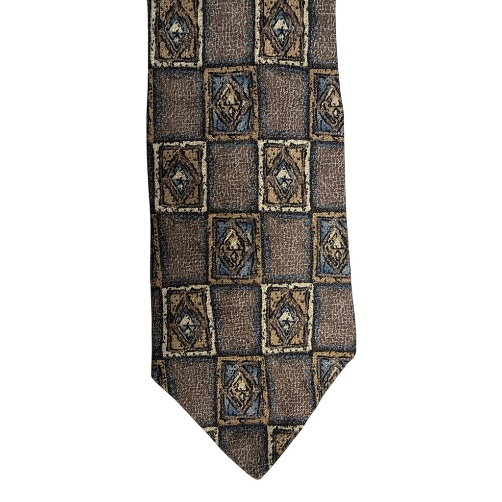 Vintage 90s Villa Bugatti Men's Silk Tie Brown Blue Geometric Check