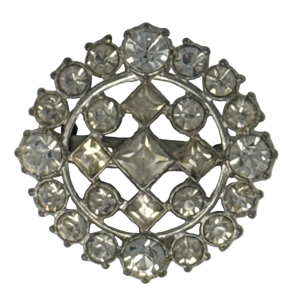 Vintage 60s Brooch Round Rhinestone Silver Tone Mid Century Pin