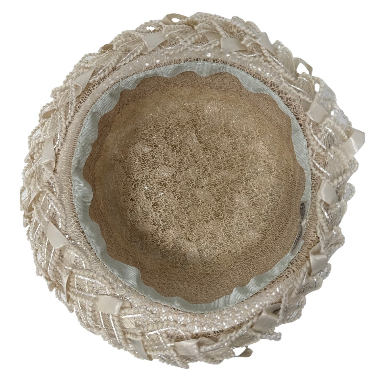 Vintage 1960s Beige Raffia Pillbox Hat with Netting Union Made 7 US