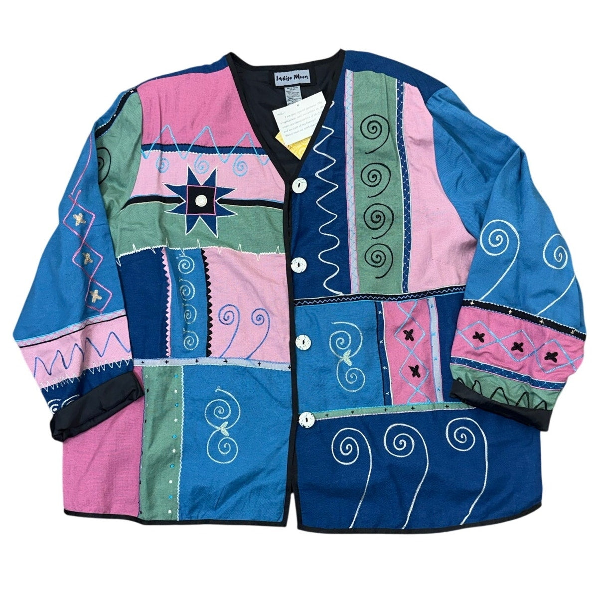 Vintage 90s Indigo Moon Patchwork Jacket 2X Art to Wear Linen Cotton Rayon