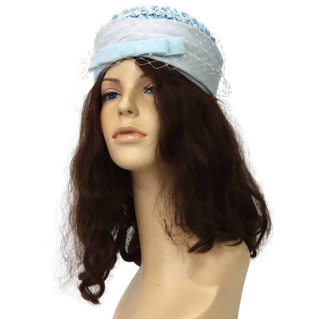 Vintage 1960s Ice Blue Pillbox Hat Veil Chiffon Bow Union Made Fascinator