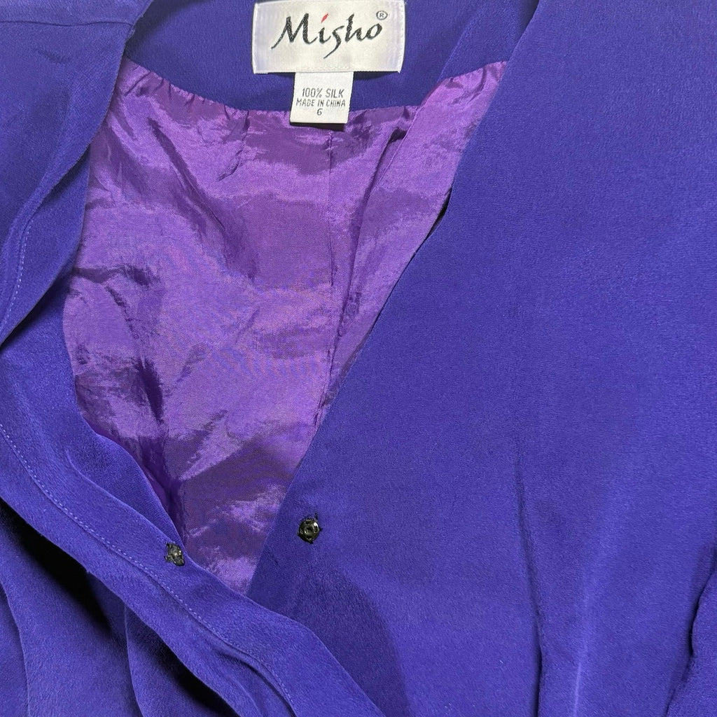 Vintage 90s Purple Silk Wrap Dress Women's 6Long Sleeve Lined Misho
