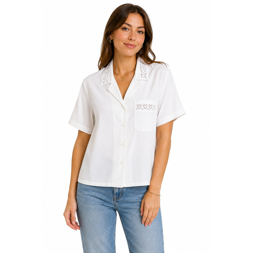 Vintage 1990s Lucia White Rayon Blend Embroidered Short Sleeve Blouse