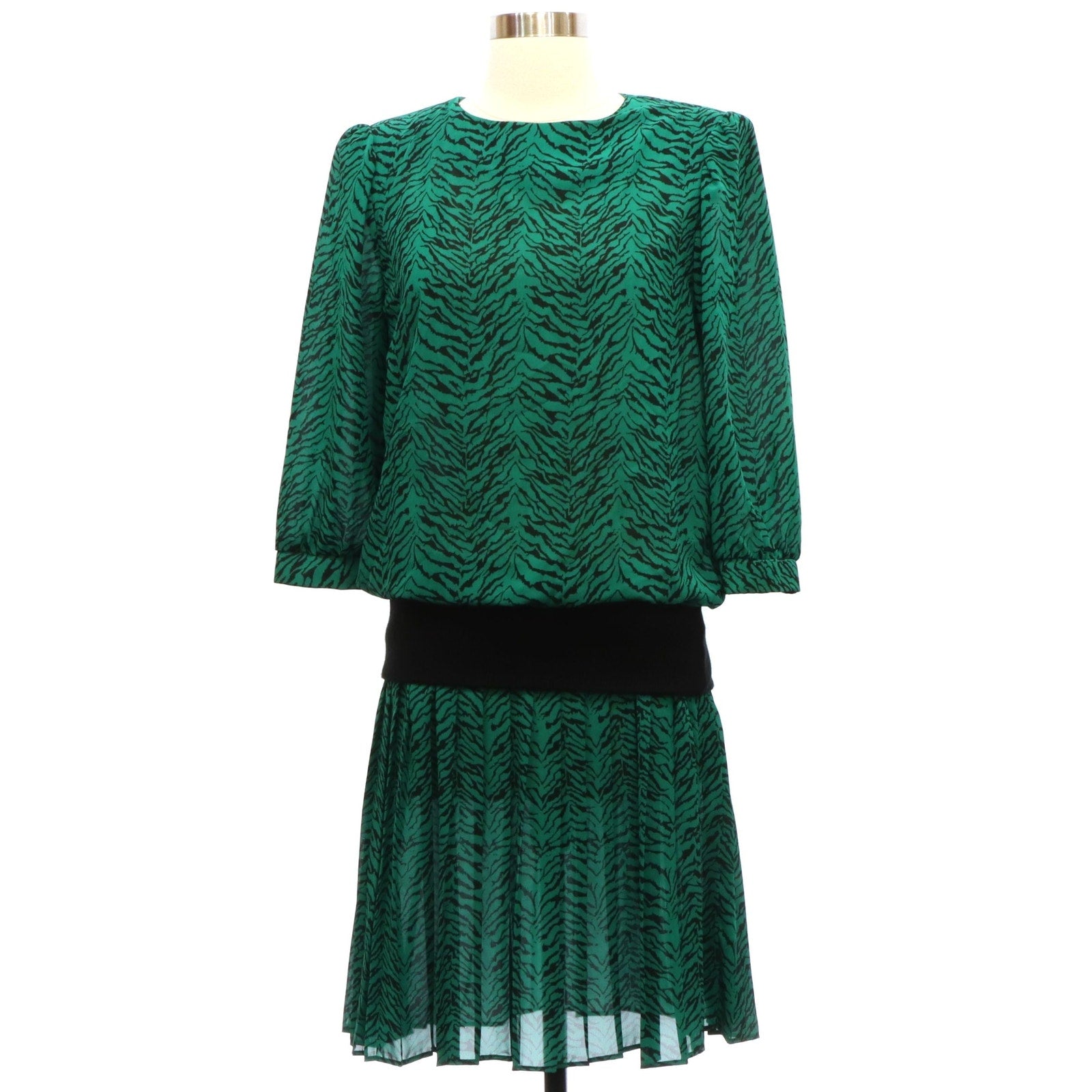 Vintage 1980s VLP Green Black Animal Print Peplum Midi Dress Size 8