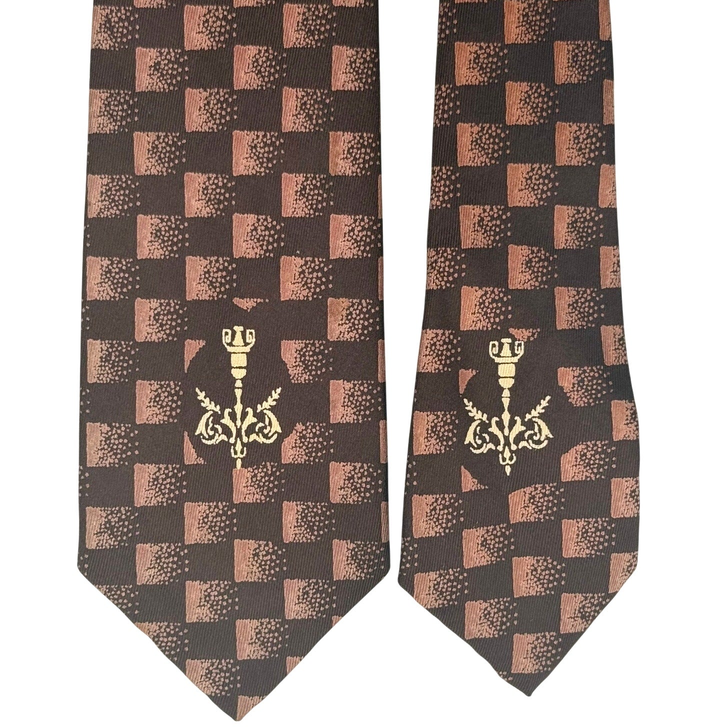 Vintage 1960s Fashion Craft Brown Silk Tie Fleur de Lis Check Necktie