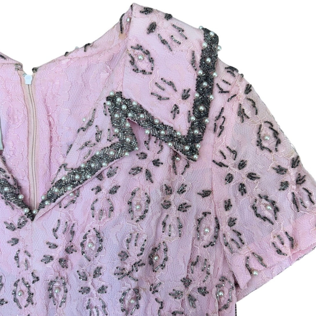 Vintage 70s Andora Hong Kong Pink Beaded Lace Sheath Dress Size 12
