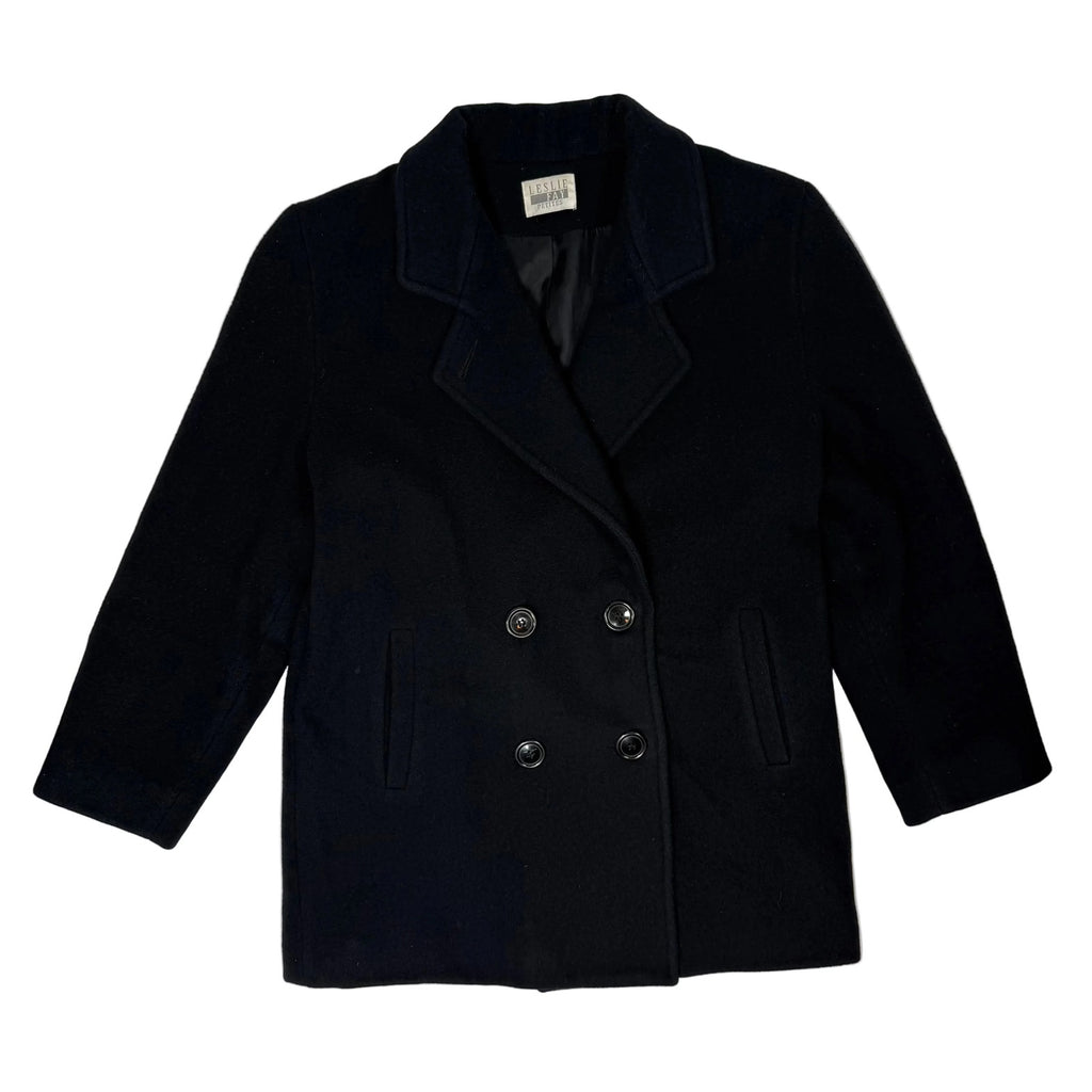 Vintage 90s Black Wool Pea Coat Double Breasted Women’s Medium Leslie Fay