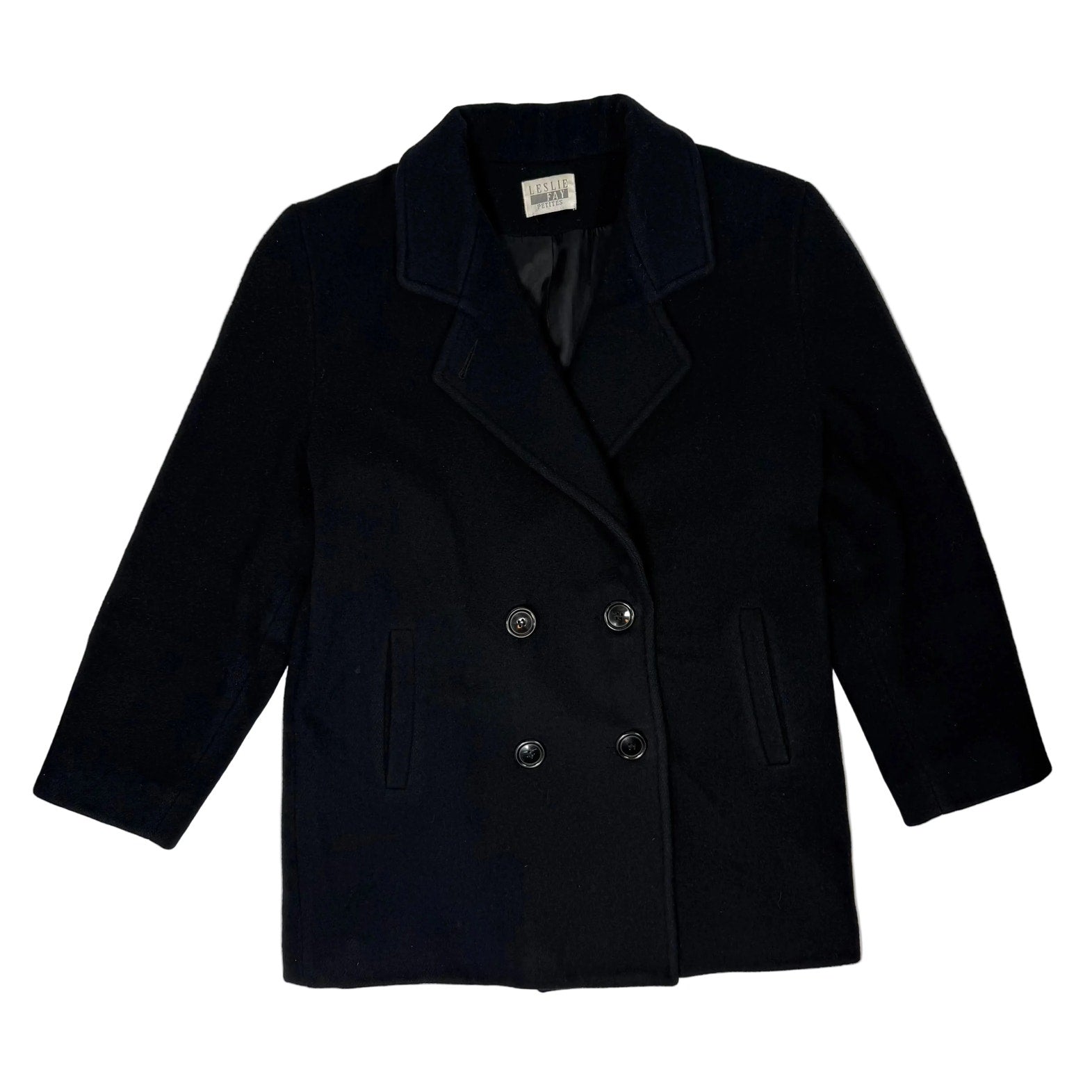 Vintage 90s Black Wool Pea Coat Double Breasted Women’s Medium Leslie Fay