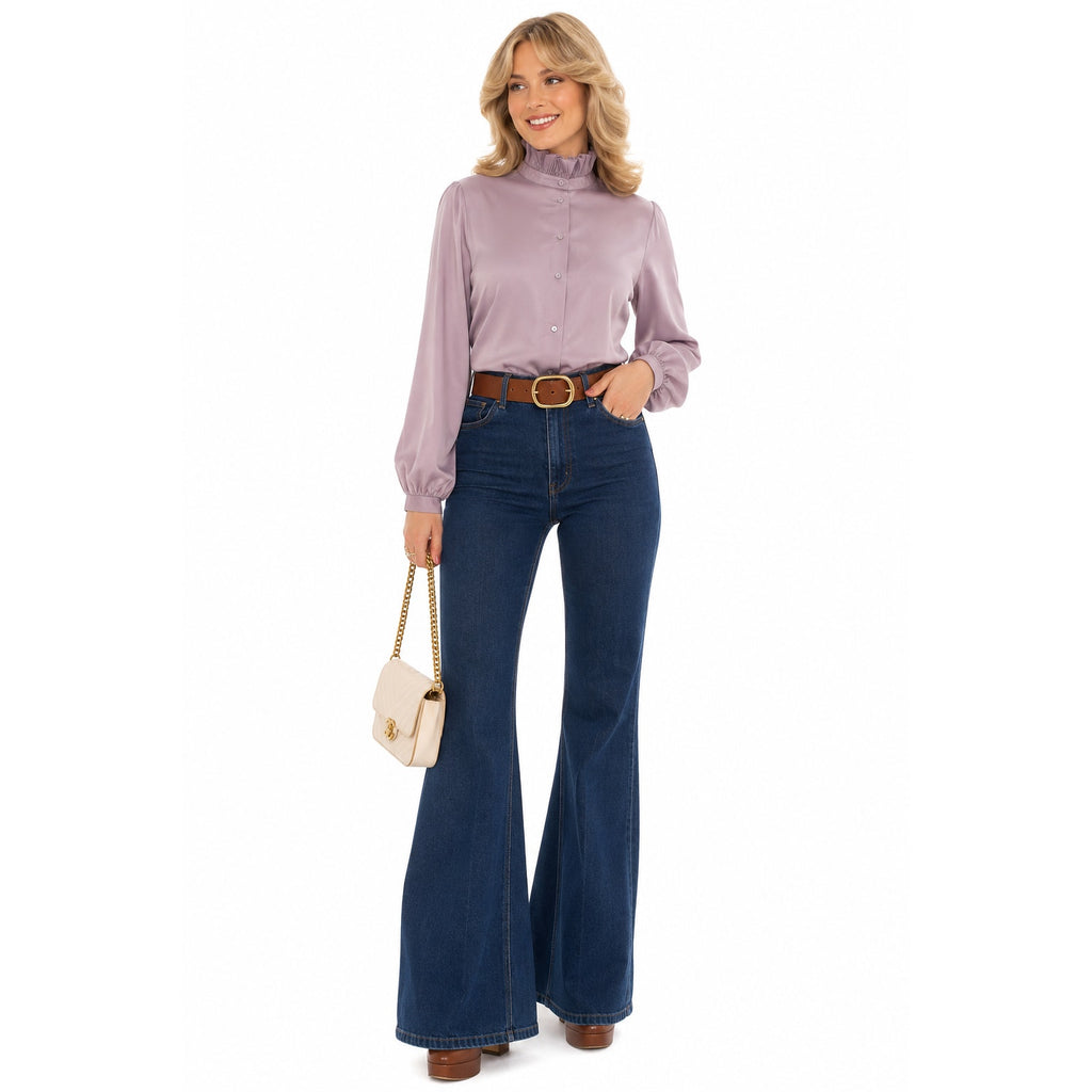 Vintage 70s Frank Lee Lavender Ruffle Neck Blouse Women's Medium