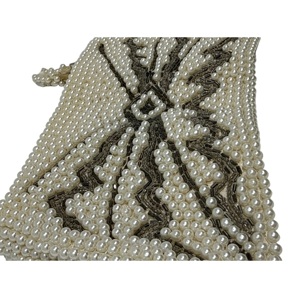 Vintage 70s Emson Beaded Clutch Purse Cream Silver Lined Zip Closure