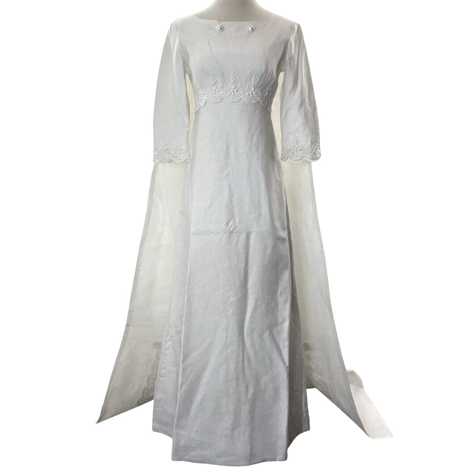 Vintage 60s White Wedding Dress w Train Empire Waist Union Made Women's XS