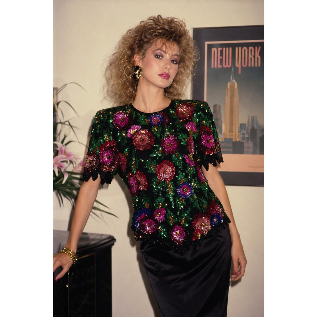 Vintage 80s Laurence Kazar PXL Silk Beaded Sequin Floral Evening Blouse