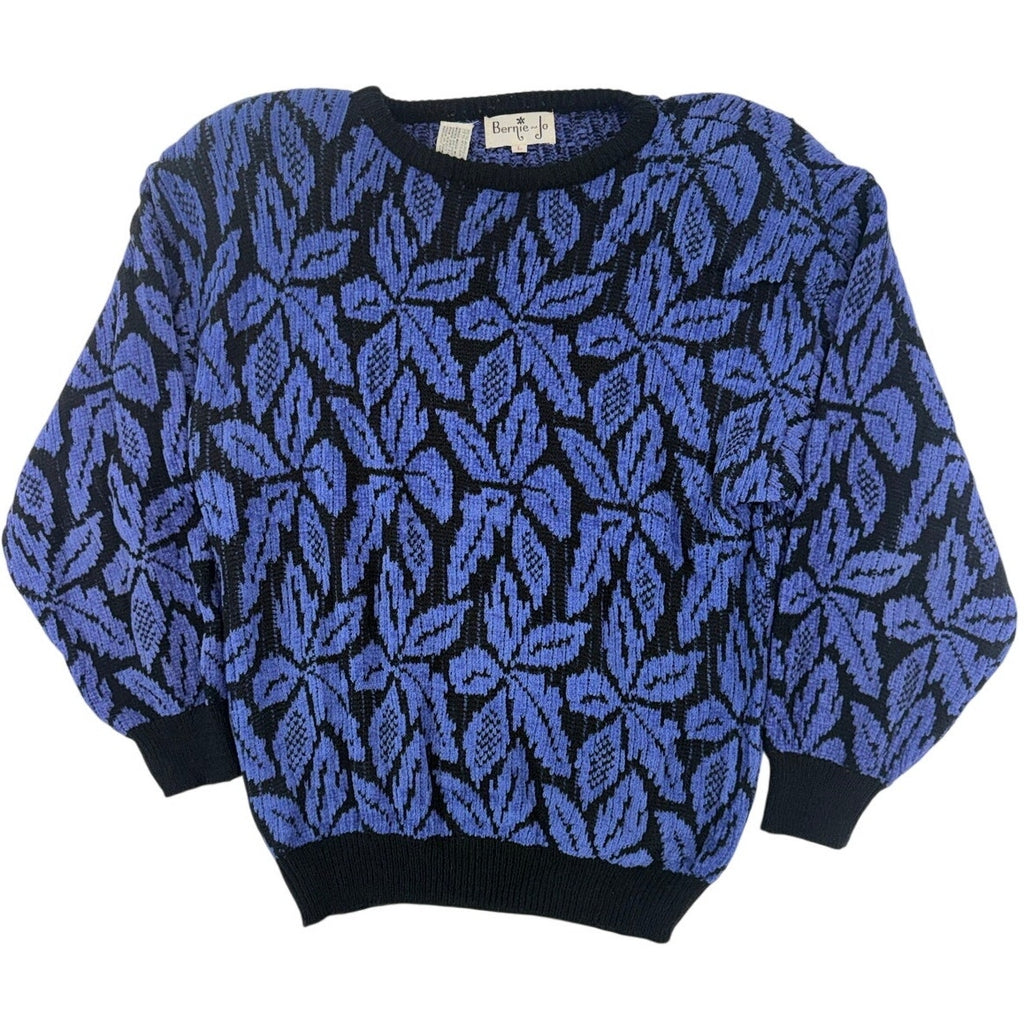 Vintage 80s Bernie-Jo Women's Large Purple Black Leaf Print Knit Sweater