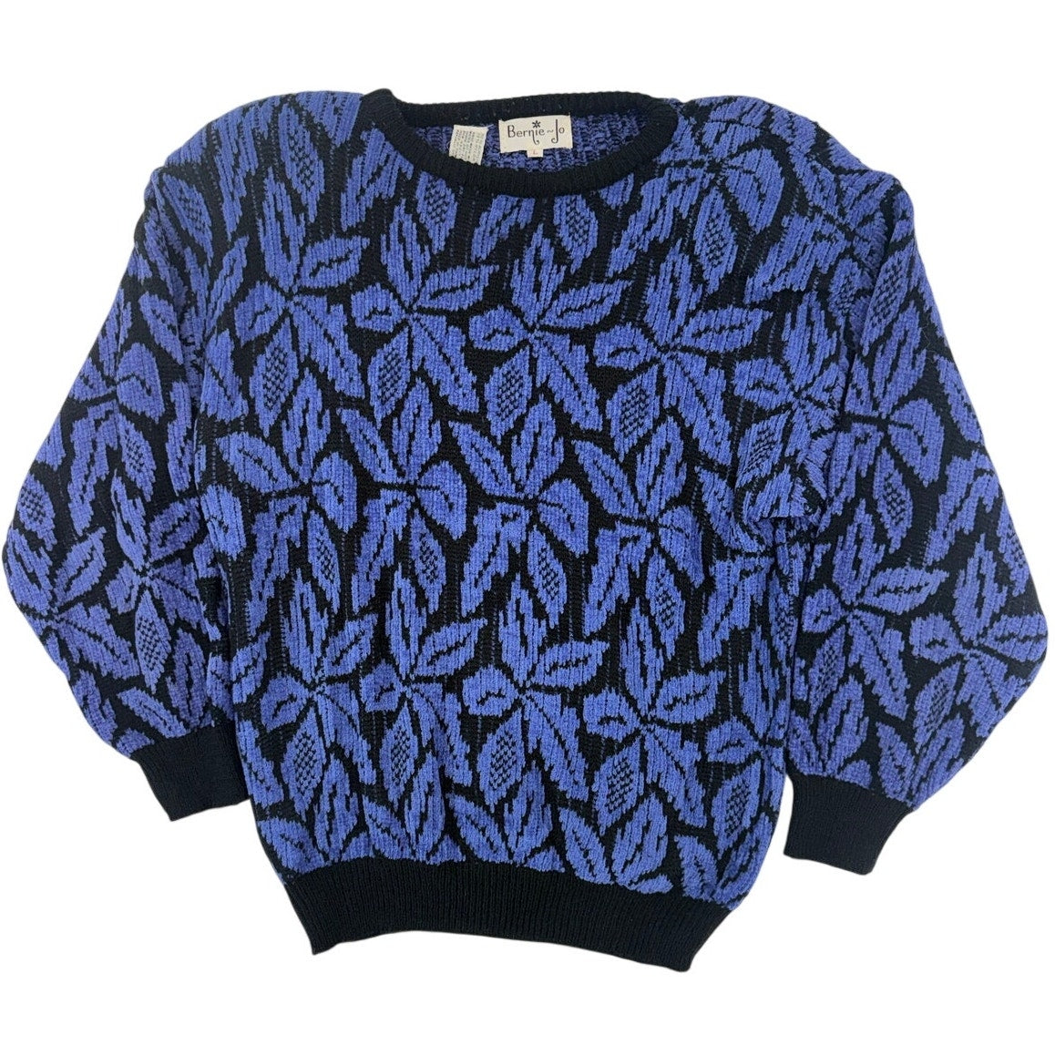 Vintage 80s Bernie-Jo Women's Large Purple Black Leaf Print Knit Sweater