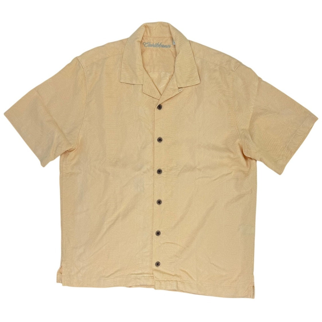 Vintage 90s Caribbean Mens Med Cream Yellow Jacquard Camp Shirt Coconut Buttons