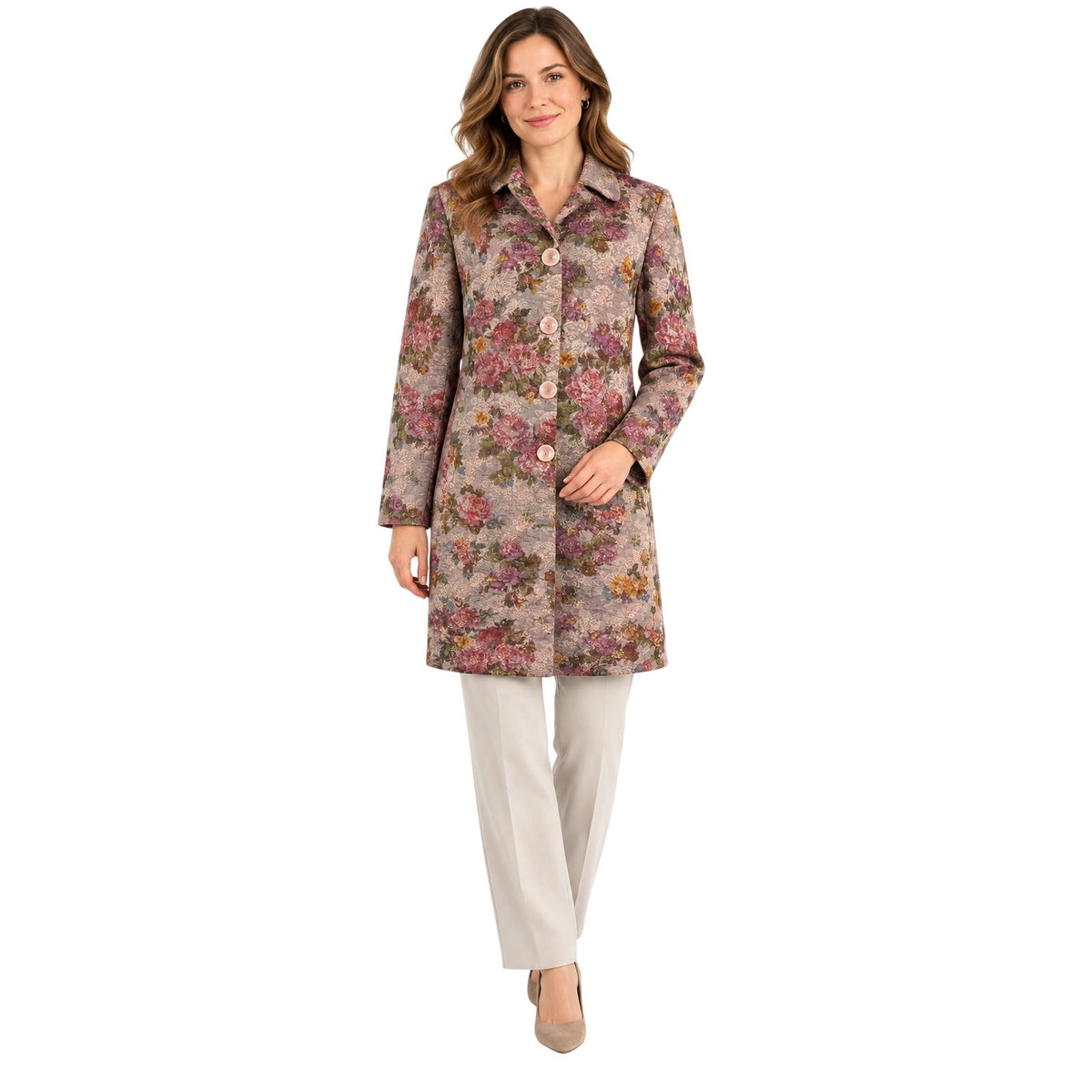 Vintage 90s Debbie Shuchat Mauve Floral Longline Jacket Women's Large