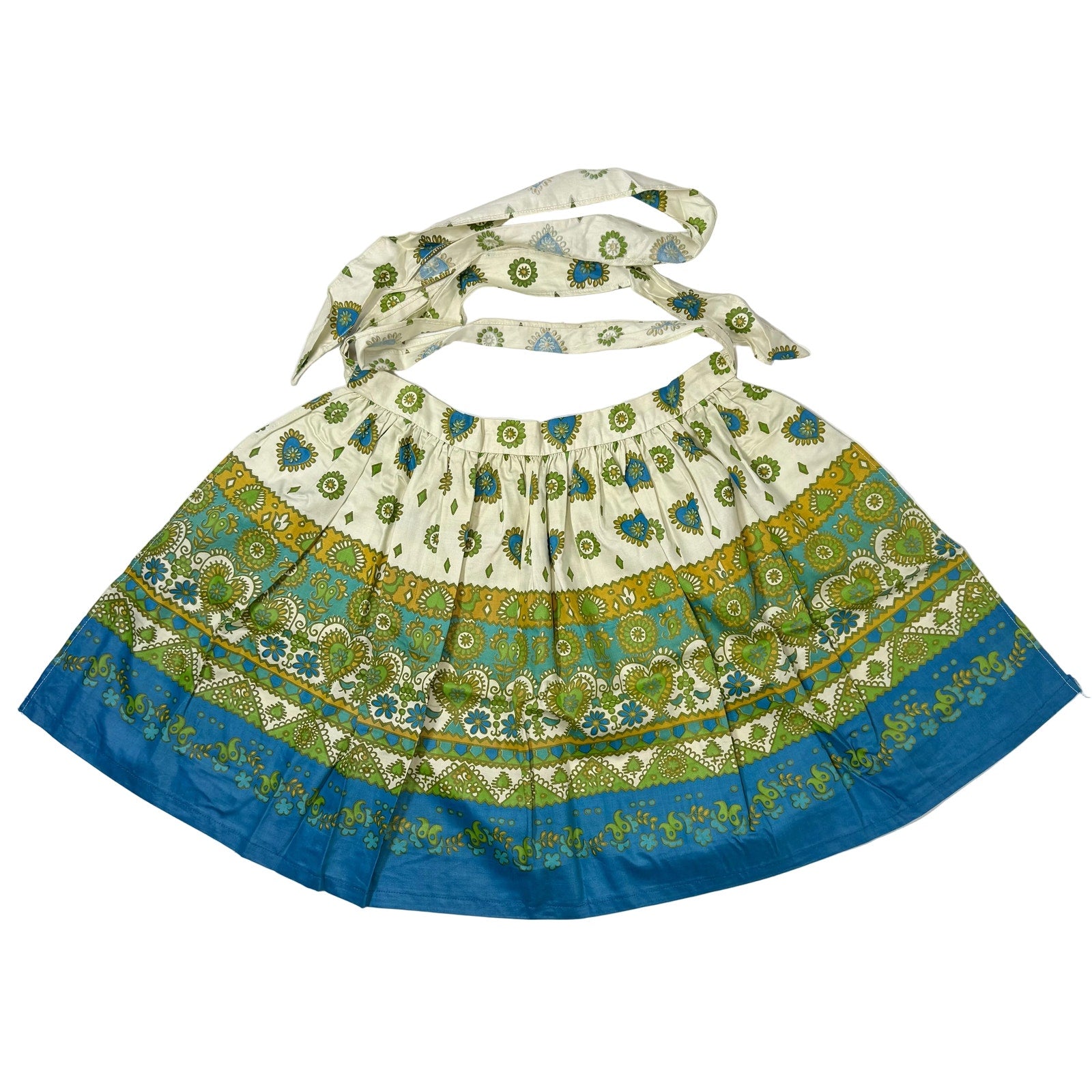 Vintage 60s Handmade Cotton Half Apron Love Birds Hearts Blue Green