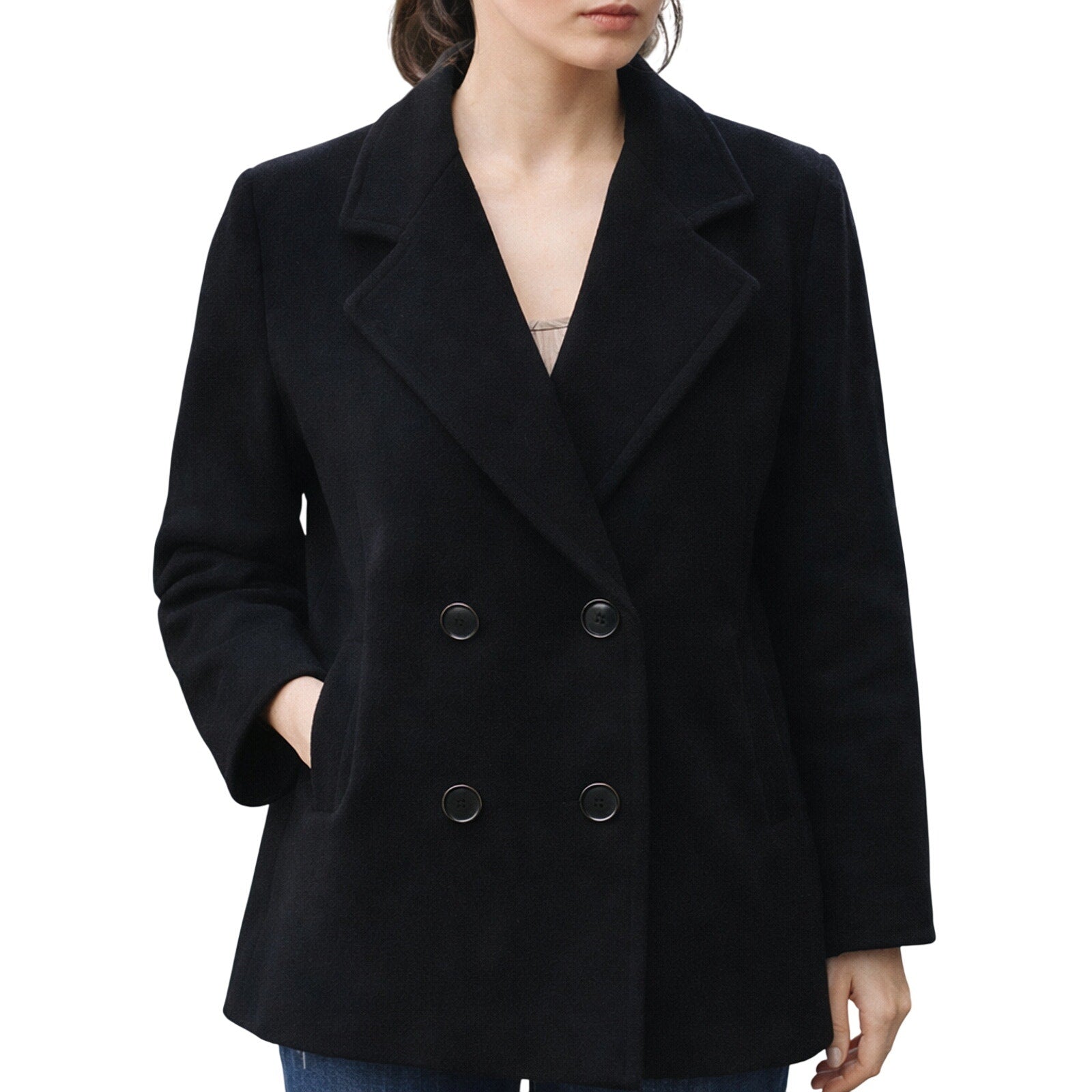 Vintage 90s Black Wool Pea Coat Double Breasted Women’s Medium Leslie Fay