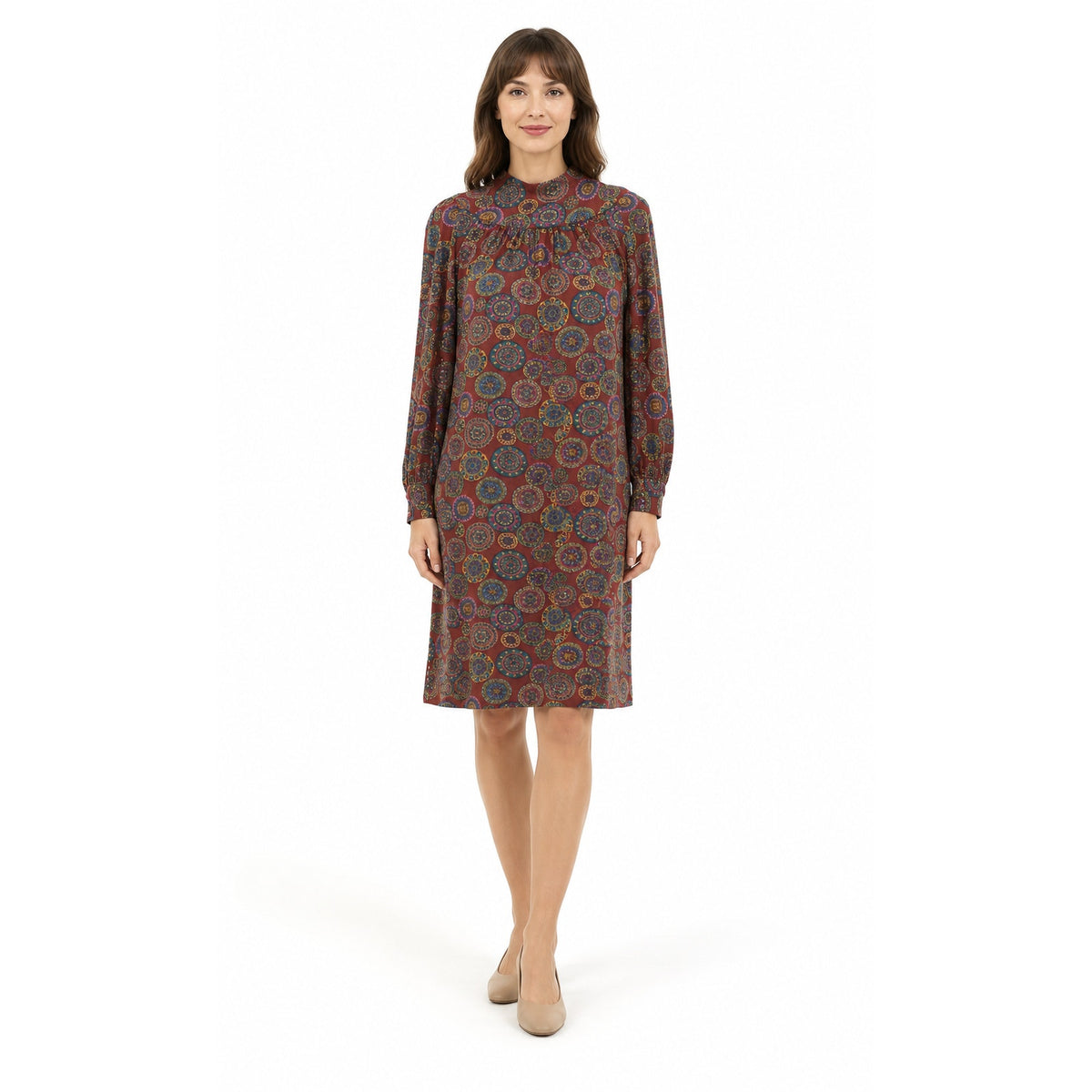 Vintage 1970s Psychedelic Circle Print Long Sleeve Dress Women's Small