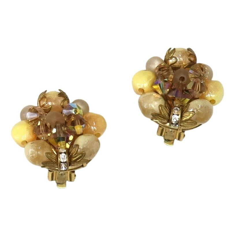 Vintage 60s Gold Tone Beaded Clip On Earrings Iridescent Retro