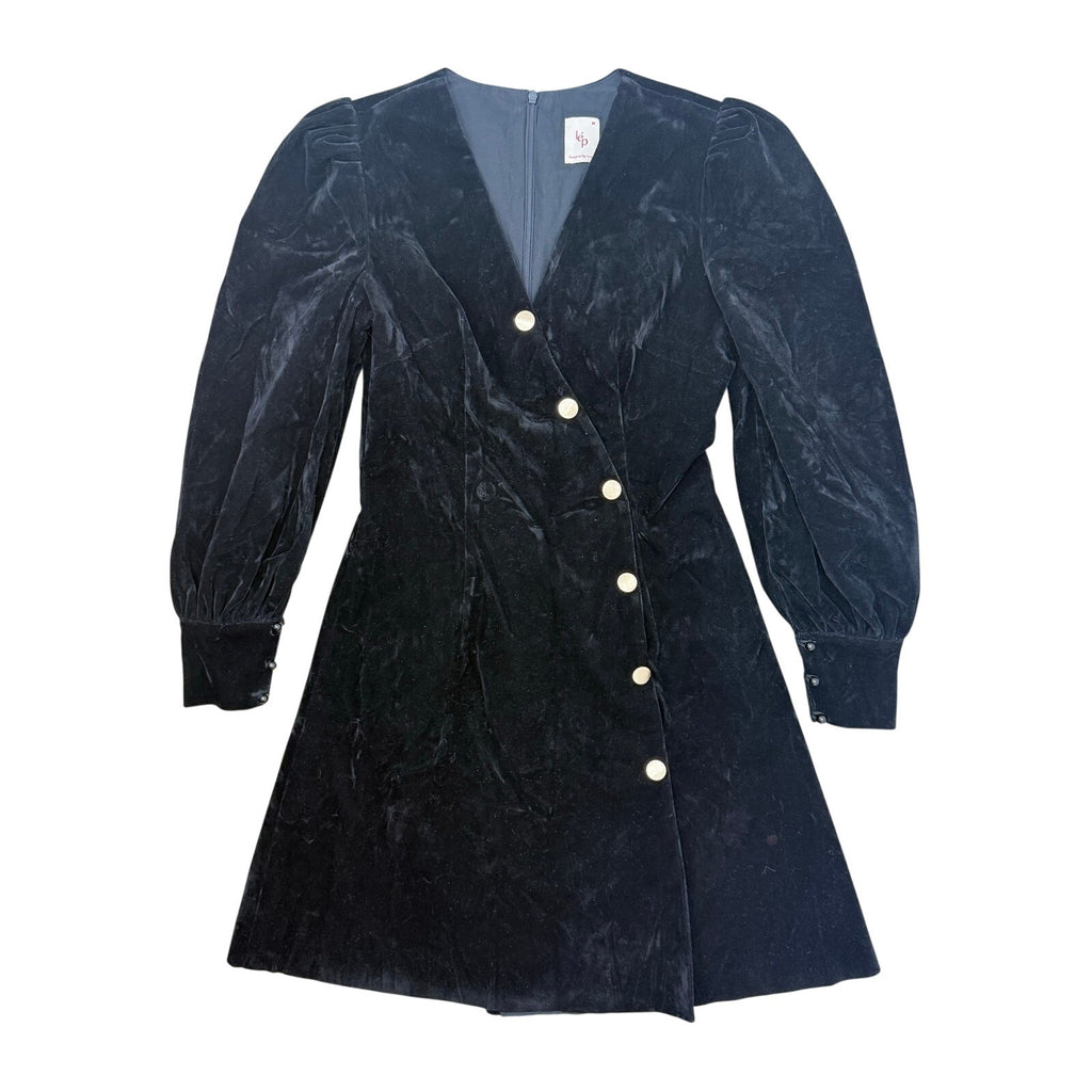 LEP Black Velvet Mini Dress Women's Medium Puff Sleeve Gold Button Back Zip Y2K