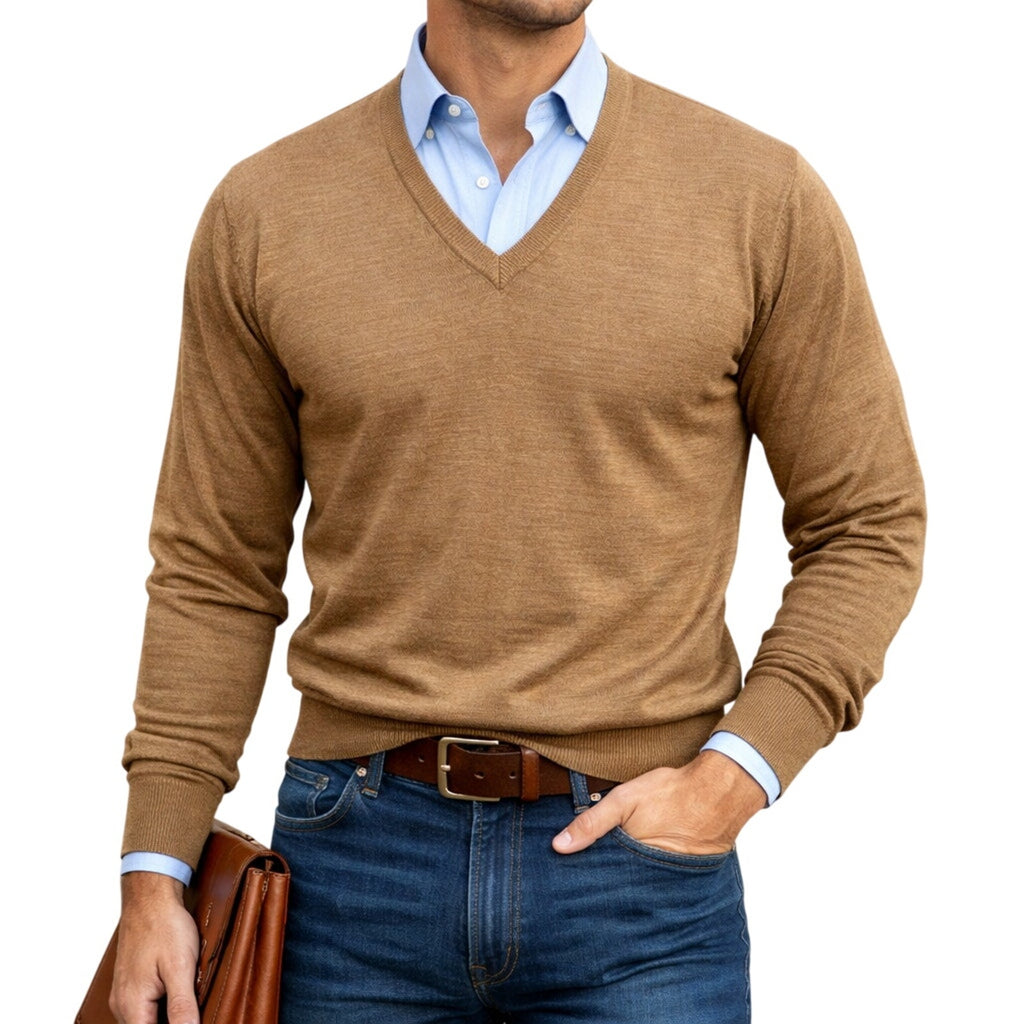 Vintage 60s Tan Brown V-Neck Sweater Orlon Wool USA Men’s Medium Lord Jeff