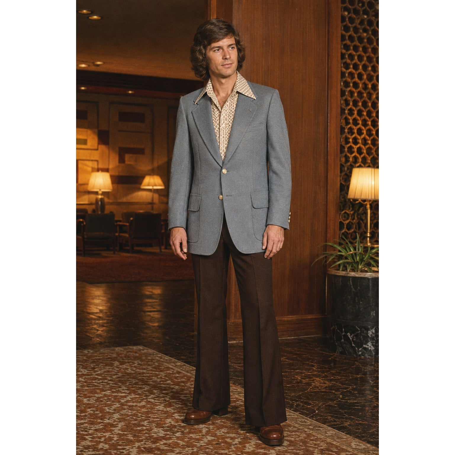 Vintage 1970s Knack Men's Gray Polyester Blazer Gold Crest Buttons 46L