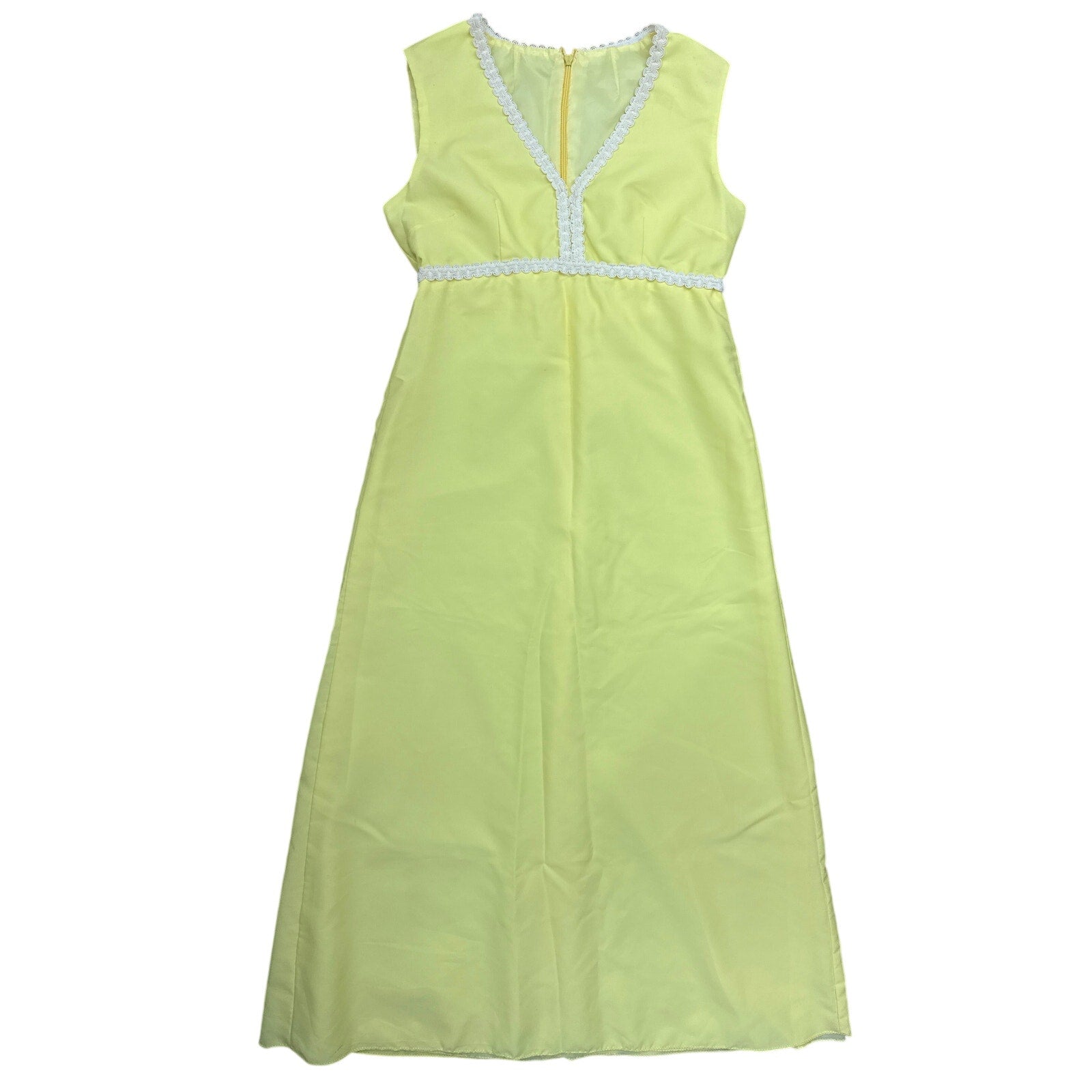 Vintage 70s Yellow Empire Waist Dress White Trim Sleeveless Midi