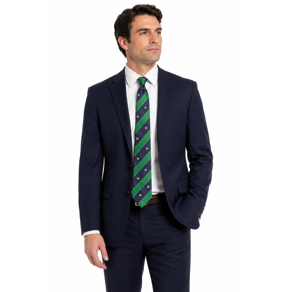 Notre Dame Bookstore Men's Silk Tie Green Blue Stripe ND Logo Made in USA