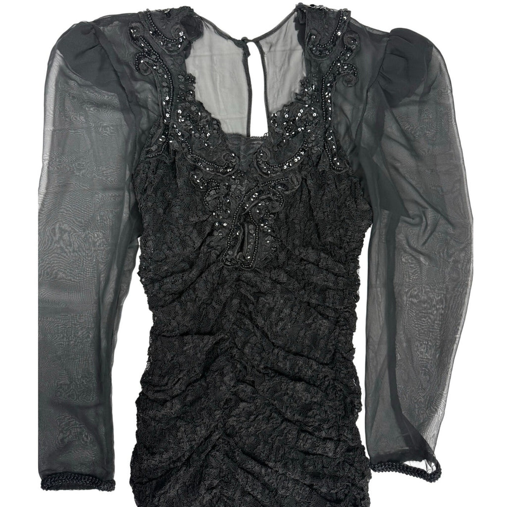 Vintage Y2K Dave & Johnny Black Lace Beaded Ruched Sheer Sleeve Dress Size 5/6