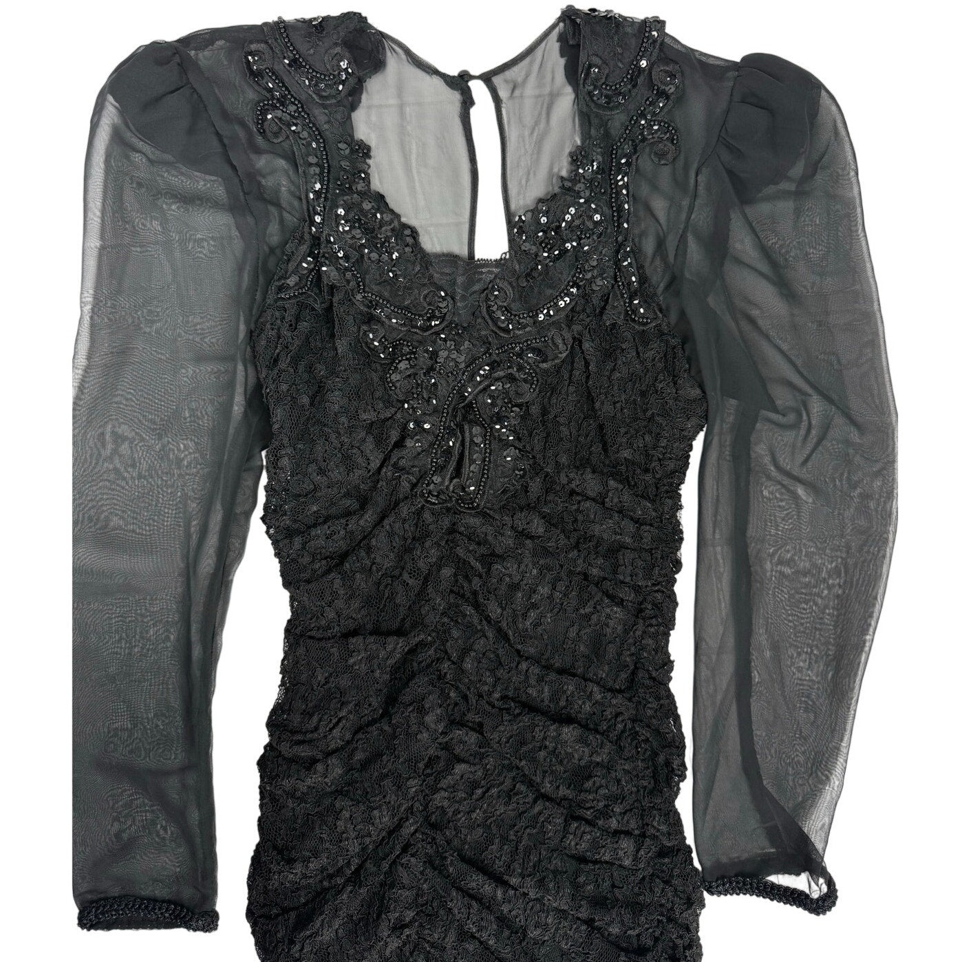 Vintage Y2K Dave & Johnny Black Lace Beaded Ruched Sheer Sleeve Dress Size 5/6