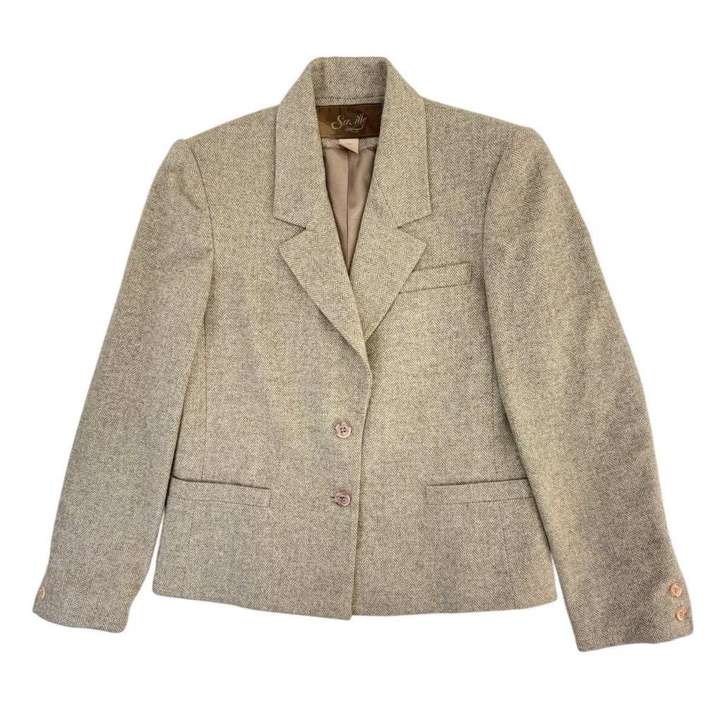 Vintage 80s Savile Wool Tweed Skirt Suit USA Women's Size 4 Beige Herringbone
