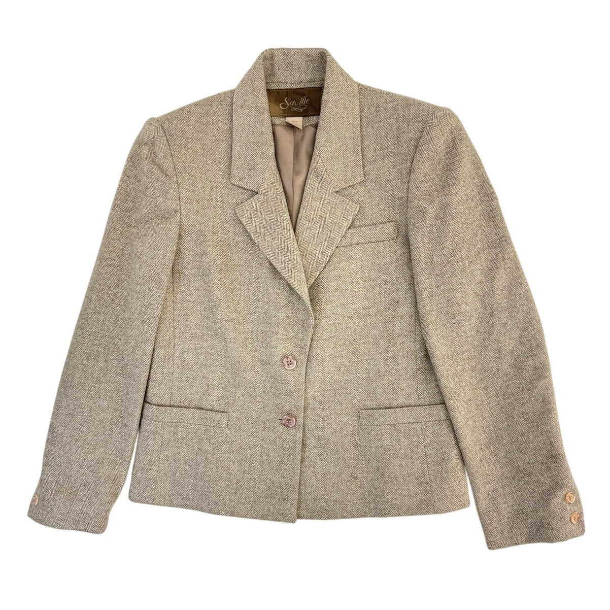 Vintage 80s Savile Wool Tweed Skirt Suit USA Women's Size 4 Beige Herringbone