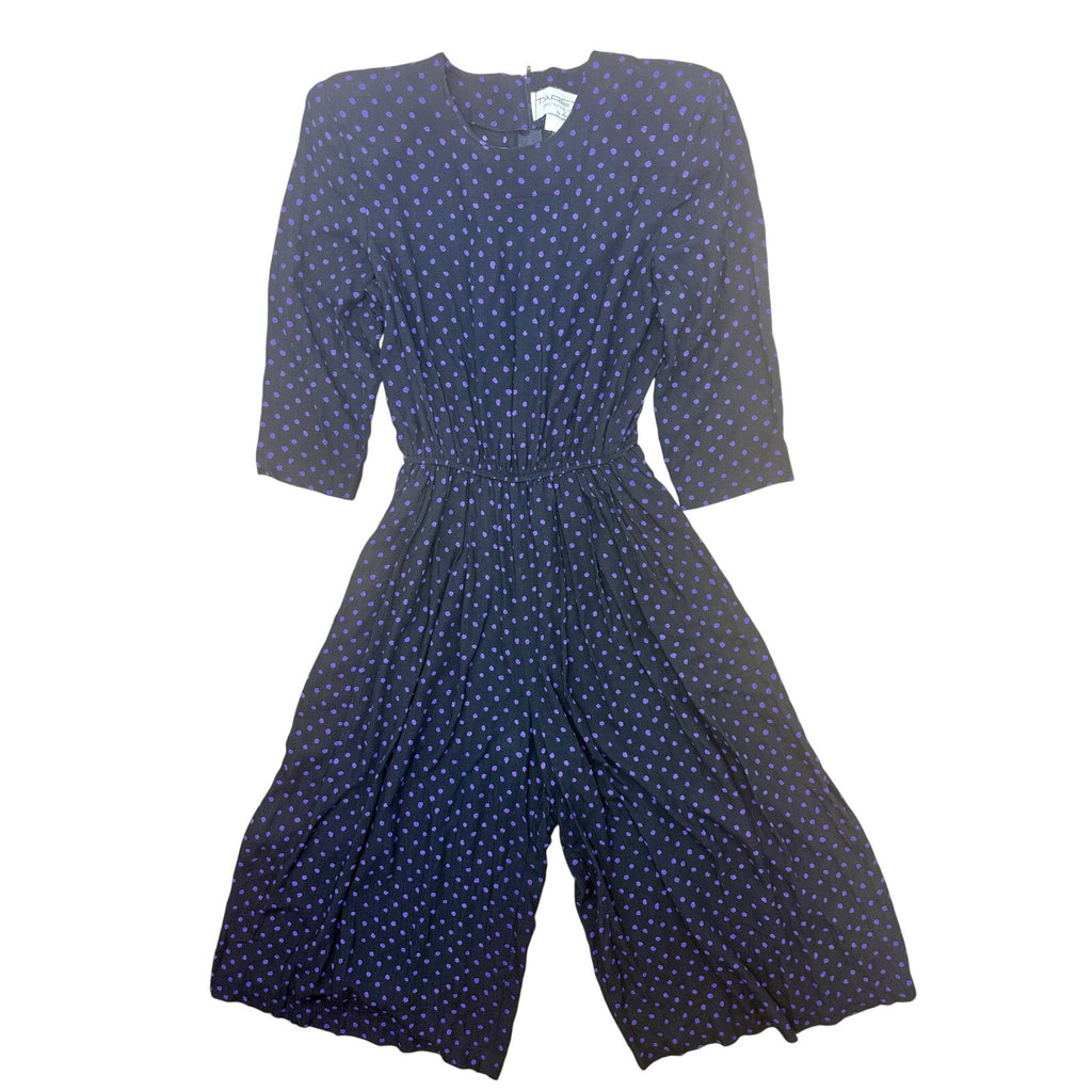 Vintage 80s Black Purple Polka Dot Split Skirt Jumpsuit Dress Women's 6P Tareti