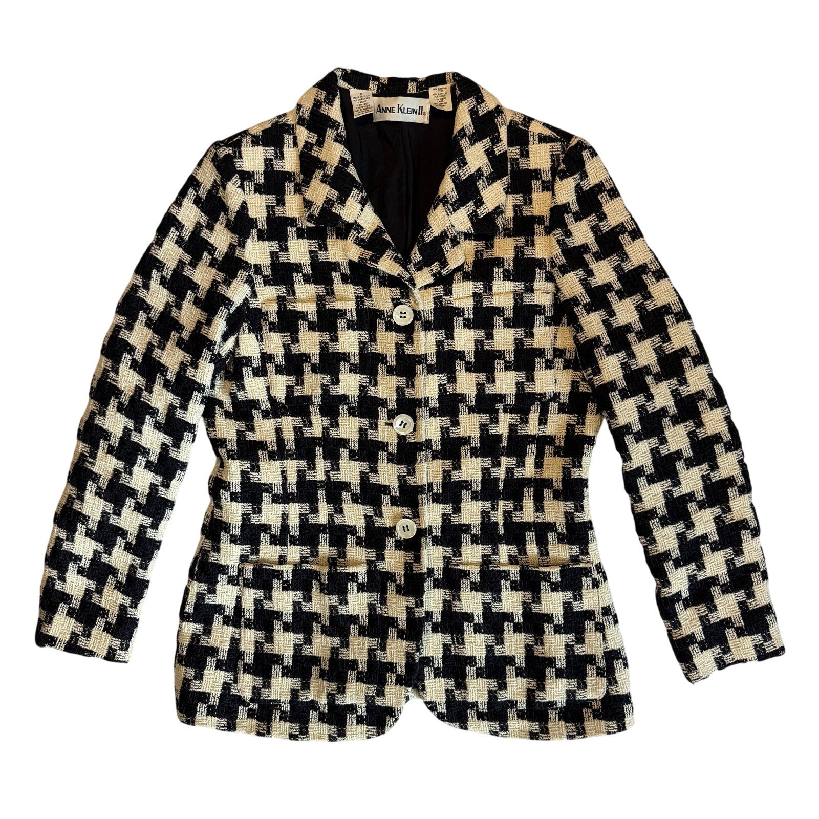 Vintage 80s Black White Houndstooth Wool Blazer Jacket Wool USA Women's 8