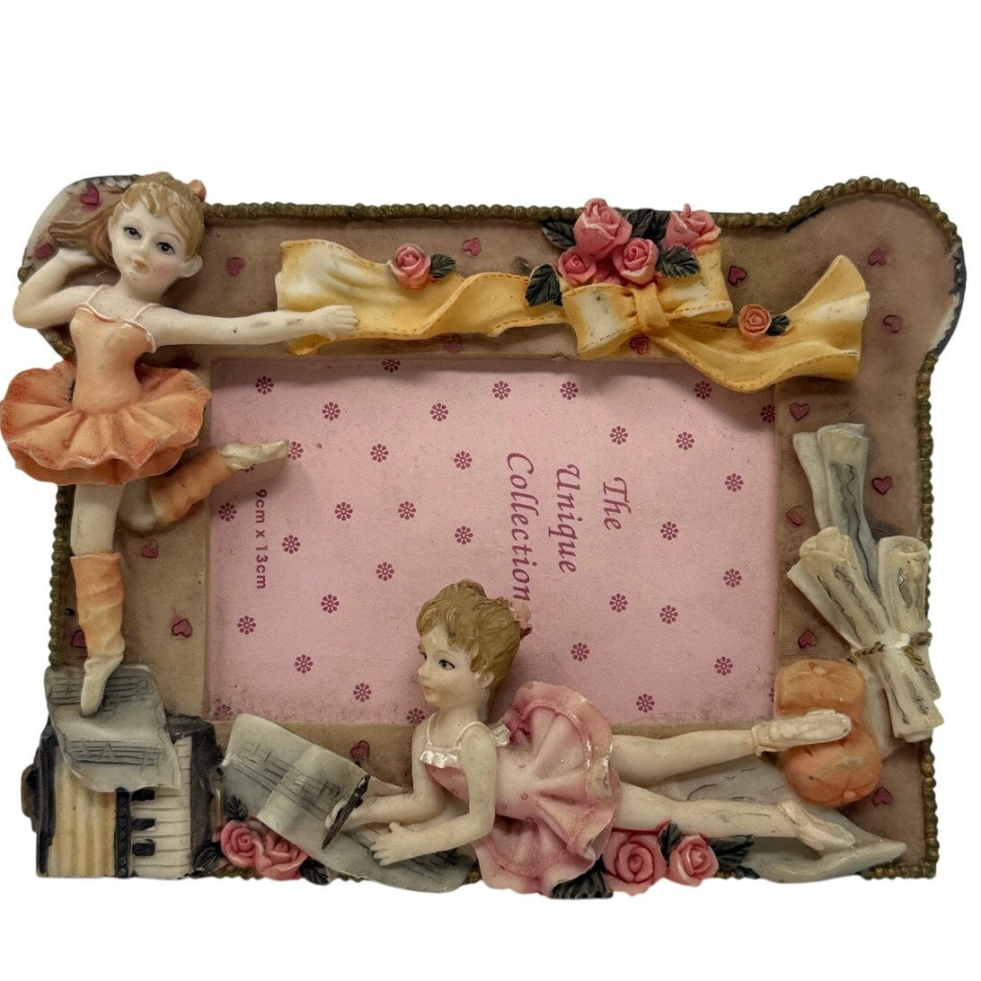 Vintage 90s Ballerina Cherub Resin Picture Frame Pink Floral 3.5x5