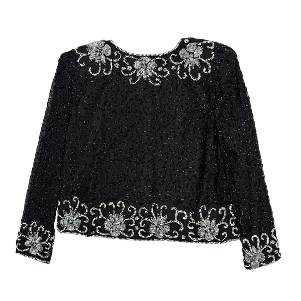 Vintage 80s Nite Line Black Silk Silver Beaded Sequin Jacket Women's Medium