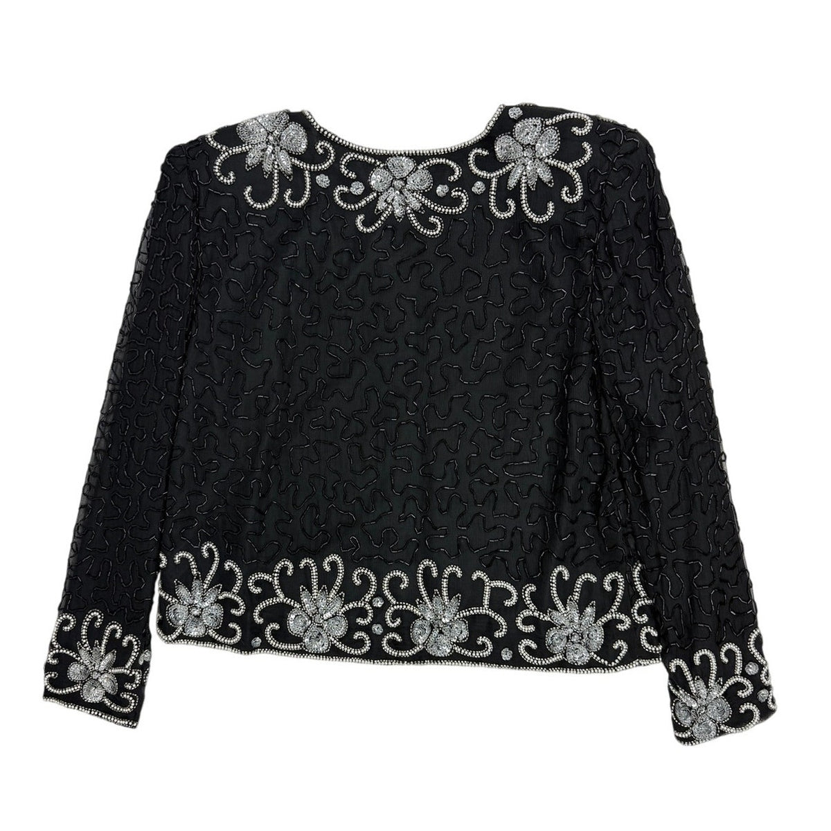 Vintage 80s Nite Line Black Silk Silver Beaded Sequin Jacket Women's Medium
