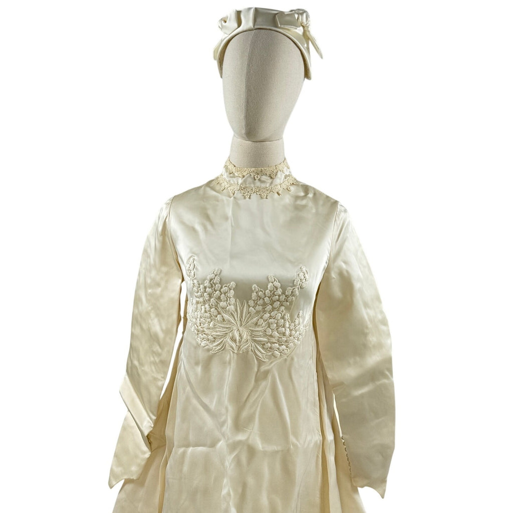 Vintage 1960s William Cahill Ivory Satin Wedding Dress Train Women's XS
