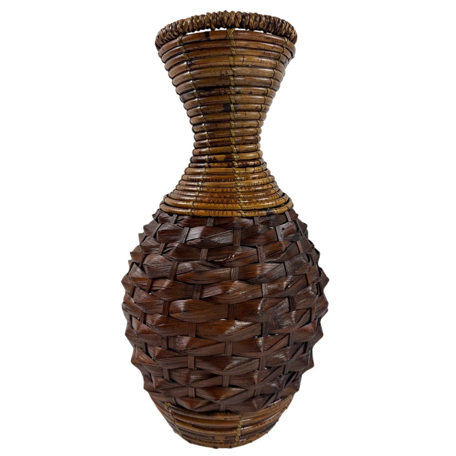 Vintage 90s Handwoven Rattan Wicker Vase 15 Brown Boho Basket Decor