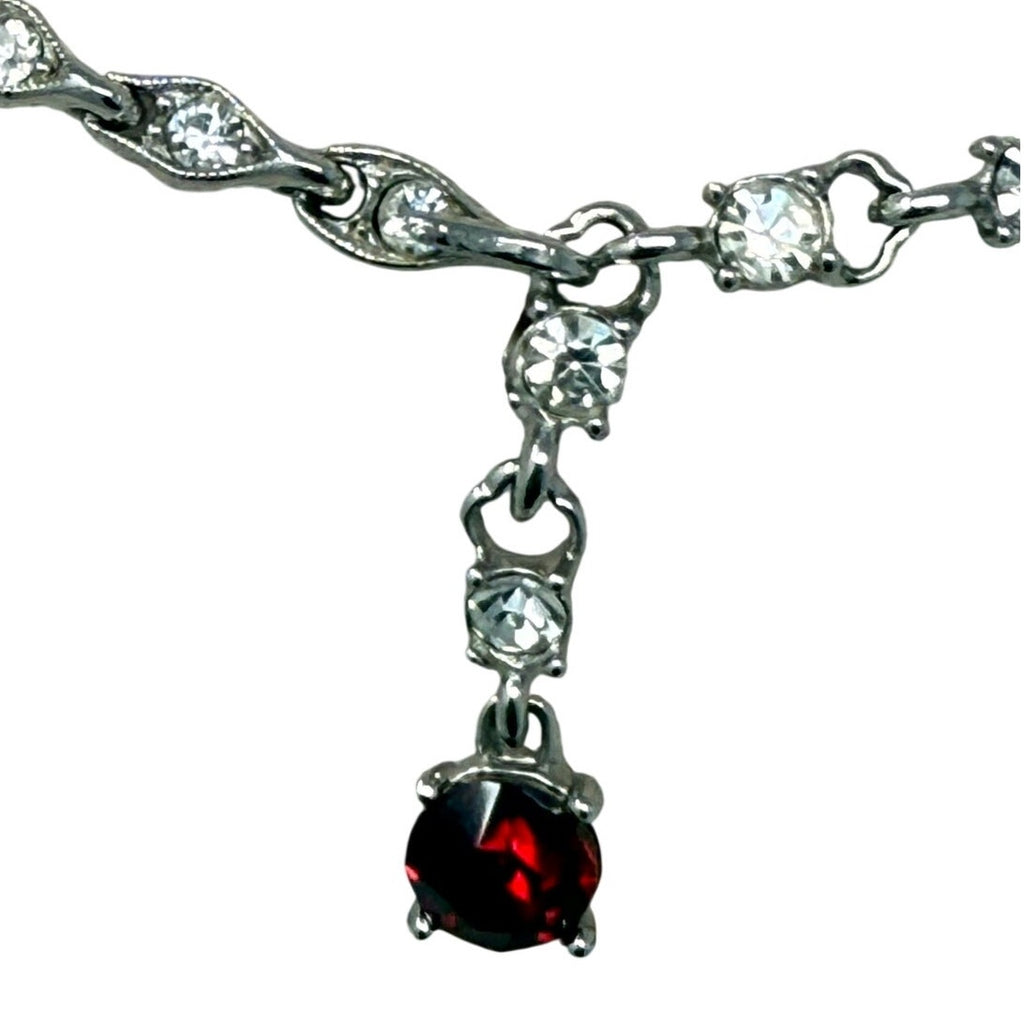Vintage 40s Bogoff Ruby Red Rhinestone Bow Necklace Silver Tone 16”