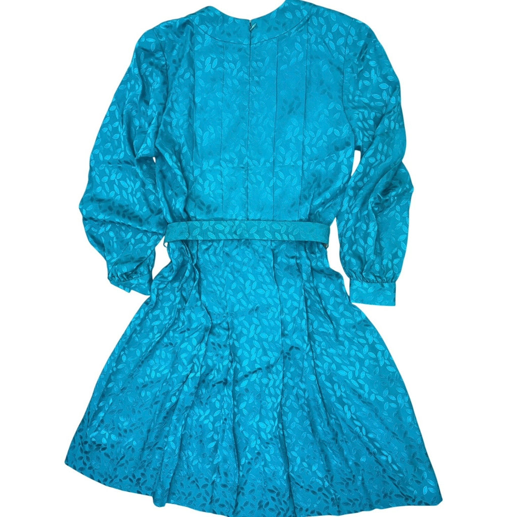 Vintage 70s Helga Turquoise Embossed Leaf Belted Midi Dress Women's Medium