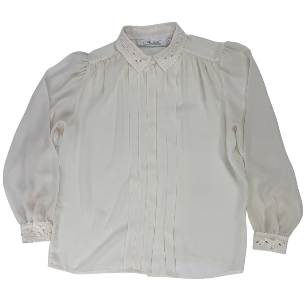 Vintage 80s Karen Scott Womens Size 10 Cream Sheer Blouse Hidden Button