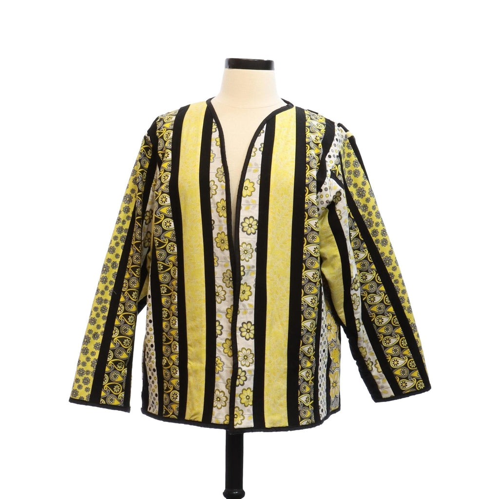 Vintage 1970s Handmade Quilted Jacket Yellow Black Patchwork Women’s L/XL