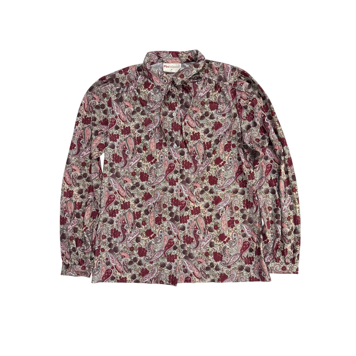 Vintage 70s Fire Islander Wine Pink Paisley Bow Neck Blouse Women's Medium