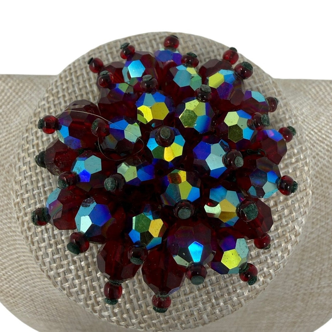 Vintage 1960s Ruby Red AB Glass Bead Cluster Brooch Pin 2.5”