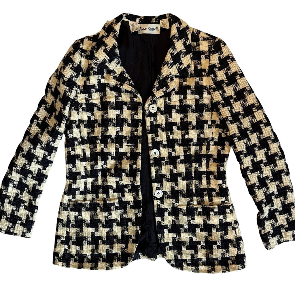 Vintage 80s Black White Houndstooth Wool Blazer Jacket Wool USA Women's 8