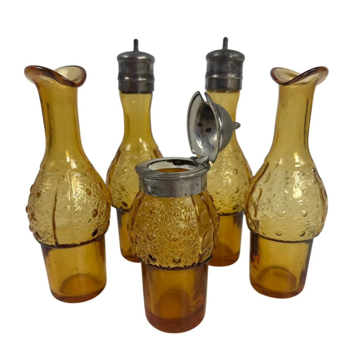 Antique Victorian Amber Glass Cruet Castor Set Ornate Silverplate Stand 15”