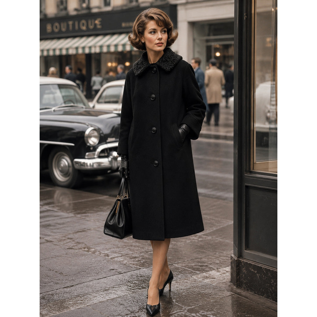 Vintage 1960s Black Cashmere Trench Coat Women's Medium Persian Lamb Collar